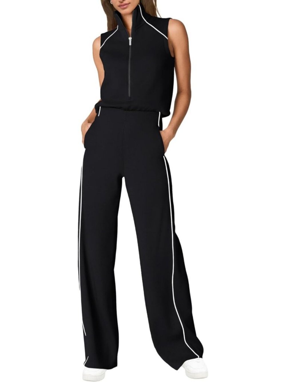 Chic Summer Jumpsuit for Women | Sleeveless Mock Neck, Wide Leg Pants & Pockets